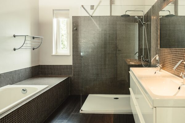 Badkamer met bad, douche, dubbele wastafel en WC